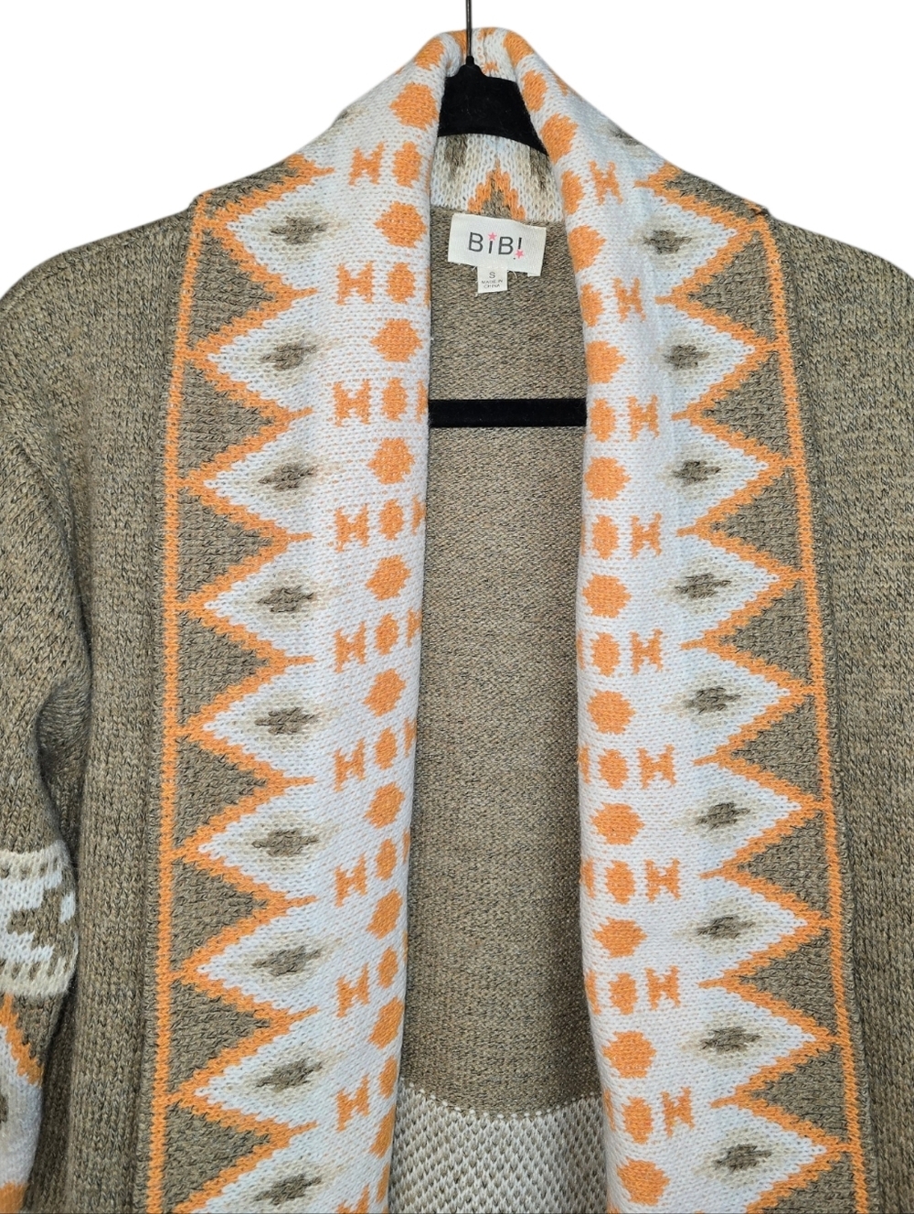 BiBi Aztec Tribal Open Front Cardigan Duster Boho Southwest Orange Taupe Size Sm - Picture 9 of 14